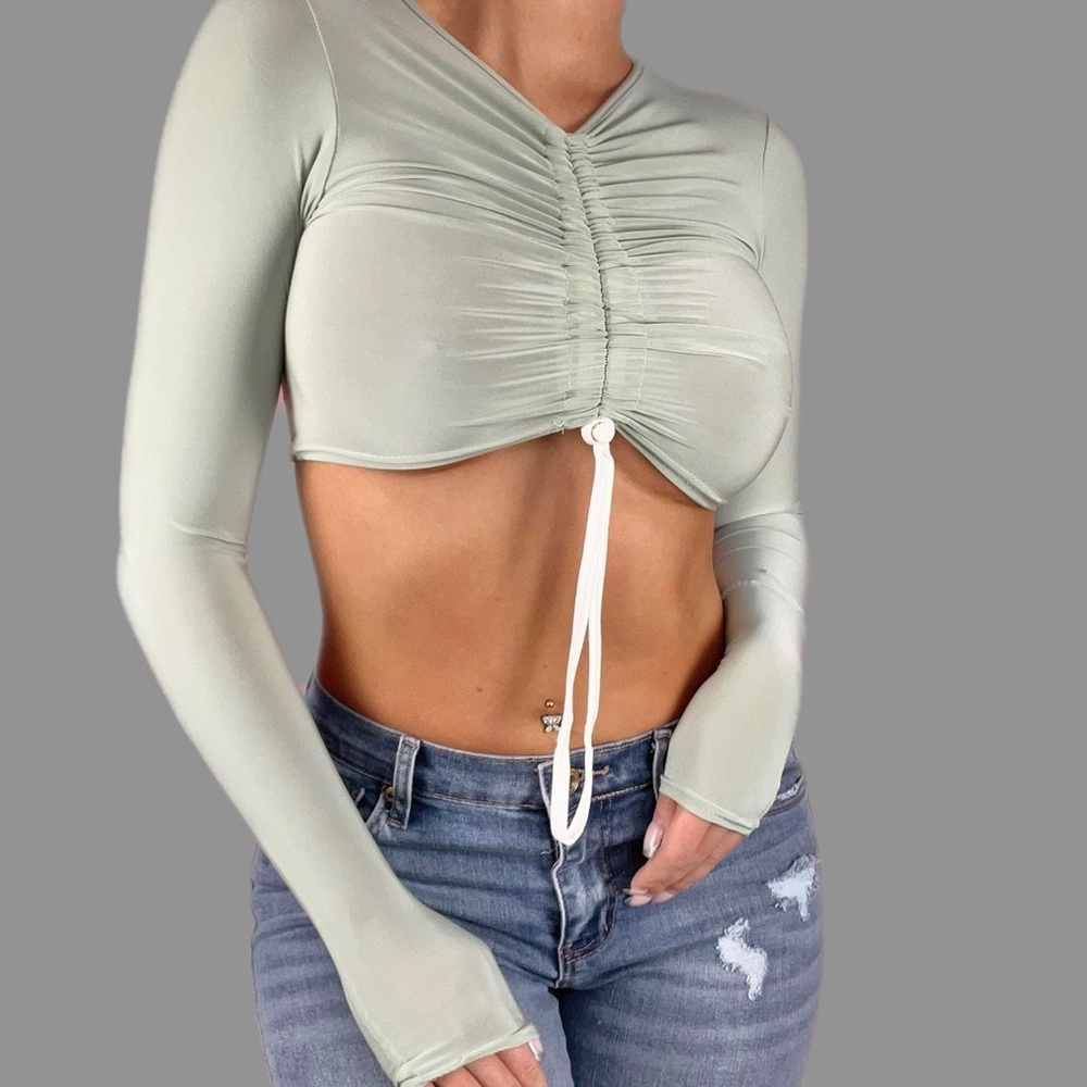 ❌SOLD❌ NWT! Sage Green Slinky Toggle Ruched Crop Top - Picture 1 of 5